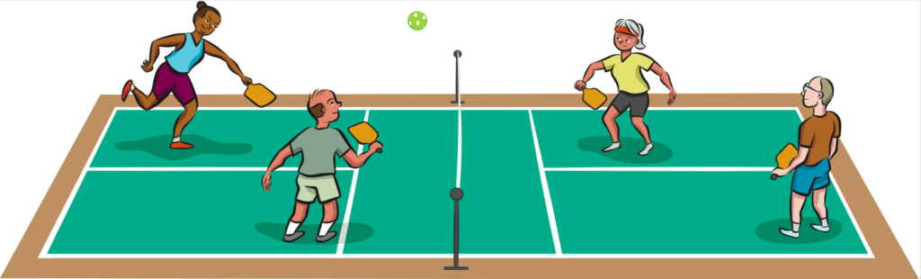 Cartoon image of a doubles pickleball match.